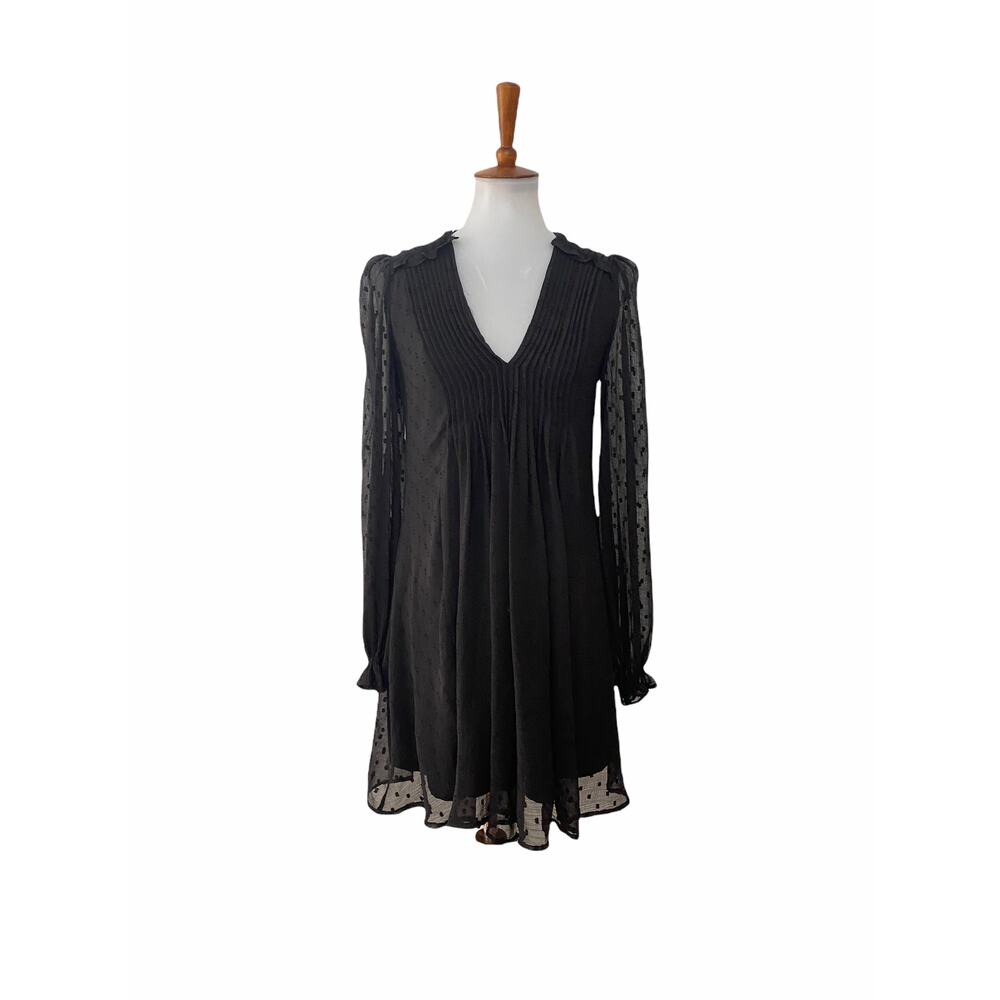 Zara Womens Sheer Sleeves V Neck Swiss Dot Dress Long Sleeve Black XS